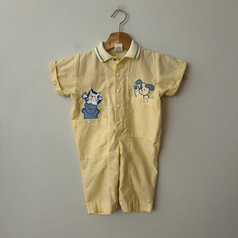 Vintage Yellow Seersucker Puppy Kitten Romper Size 6-9 Months